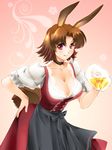  :q alcohol animal_ears barmaid beer blush breasts brown_hair bunny_ears choker cleavage collarbone dirndl dress german_clothes hand_on_hip large_breasts looking_at_viewer oktoberfest pappel_ostern pink_eyes pixiv_fantasia pixiv_fantasia_5 short_hair solo tail tongue tongue_out yagisaka_seto 