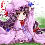  :&lt; child dress hat long_hair nanashii_(soregasisan) pajamas patchouli_knowledge purple_eyes purple_hair solo touhou 