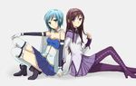  akemi_homura argyle argyle_legwear armband back-to-back black_hair blue_eyes blue_hair cape gloves holding_hands long_hair magical_girl mahou_shoujo_madoka_magica miki_sayaka mironomeo multiple_girls pantyhose purple_eyes short_hair 