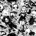  cardigan cat cellphone closed_eyes flower glasses greyscale hair_bobbles hair_ornament hairband highres kuroba_u long_hair lying monochrome multiple_girls original phone sailor school_uniform serafuku short_hair short_twintails skirt smile sweater twintails 