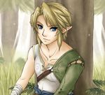  bandages blonde_hair blue_eyes earrings forest grass jewelry link male_focus nature plant pointy_ears sitting smile solo sparkle teru_suzu the_legend_of_zelda the_legend_of_zelda:_twilight_princess tree 