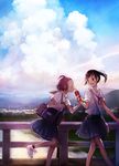  bag brown_eyes brown_hair closed_eyes cloud drinking fence highres juice_box multiple_girls original pleated_skirt ponytail revision river school_uniform serafuku shoes short_hair skirt sky sneakers walking yuu_(plasm) 