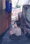  bad_id bad_pixiv_id black_hair brown_eyes cellphone from_behind highres looking_back original phone pikomaro school_uniform short_hair short_sleeves sitting sitting_on_stairs skirt solo stairs 