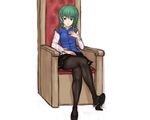  black_legwear blue_eyes crossed_legs dorsiflexion green_hair highres kuro_suto_sukii no_hat no_headwear pantyhose shiki_eiki shoe_dangle short_hair sitting skirt solo touhou 