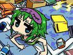  aqua_eyes blindfold blush_stickers book chan_co chibi clock futon green_hair gumi handheld_game_console lying on_stomach pillow playstation_portable short_hair sick solo thermometer under_covers vocaloid wavy_mouth 
