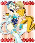 bare_shoulders blonde_hair blue_eyes blue_hair blue_rose_(tiger_&amp;_bunny) bodysuit boots breasts bruce_lee's_jumpsuit cleavage crystal_earrings earrings elbow_gloves gloves green_eyes hat high_heels huang_baoling jewelry karina_lyle large_breasts lipstick makeup multiple_girls one_eye_closed orange_bodysuit pointing shoes short_hair sneakers superhero thigh_boots thighhighs tiger_&amp;_bunny tmsk 