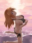  ass barefoot beach bikini black_bikini blue_eyes breasts butt_crack charlotte_e_yeager cleavage collarbone halterneck kneeling kuronyan large_breasts legs long_hair looking_at_viewer looking_up lowleg lowleg_bikini ocean orange_hair sand side-tie_bikini sideboob solo steepled_fingers strike_witches sunset swimsuit thighs water world_witches_series 