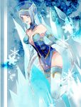  bad_id bad_pixiv_id bare_shoulders blue_eyes blue_hair blue_leotard blue_rose_(tiger_&amp;_bunny) boots breasts cleavage crystal_earrings detached_collar earrings elbow_gloves gloves hoe_satsuki ice jewelry karina_lyle large_breasts leotard lipstick makeup snowflakes solo thigh_boots thighhighs tiger_&amp;_bunny 