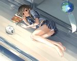  ass bare_legs barefoot black_eyes braid brown_hair feet fukumaru_(ns1) hair_over_shoulder hanasaku_iroha highres kayari_buta lying mosquito_coil on_side oshimizu_nako panties pantyshot pantyshot_(lying) pleated_skirt school_uniform serafuku skirt smile smoke solo twin_braids underwear veranda white_panties wind_chime 