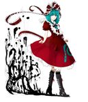  :o absurdres aqua_hair aura bad_id bad_pixiv_id blue_eyes boots buckle cross-laced_footwear dress frills front_ponytail hair_ribbon highres kagiyama_hina lace maki_(huran) open_mouth ribbon solo touhou 