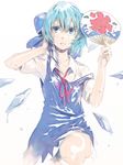  bad_id bad_pixiv_id blue_dress blue_eyes blue_hair bow cirno dress fan faux_traditional_media hair_bow highres hot kooribata melting one_knee paper_fan pomodorosa ribbon short_hair simple_background solo strap_slip sweat touhou uchiwa 