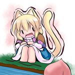  animal_ears blonde_hair cat_ears cat_tail chibi extra_ears food fruit hoshizuki_(seigetsu) kemonomimi_mode mizuhashi_parsee open_mouth peach puru-see scarf sitting solo tail touhou trembling water |_| 