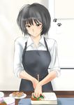  amagami apron black_eyes black_hair chopsticks kitchen murasaki_iro nanasaki_ai obentou paw_print short_hair sleeves_rolled_up smile solo 