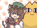  &gt;_&lt; :3 animal_ears atomaru azumanga_daiou bad_id bad_pixiv_id blush blush_stickers brown_eyes brown_hair cat cat_ears chen chiyo_chichi closed_eyes crossover hat nichijou open_mouth paw_print sakamoto_(nichijou) short_hair smile touhou 