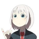  blue_eyes ken_(koala) necktie original pale_skin pinky_out red_string school_uniform short_hair simple_background solo string uniform white_background white_hair 