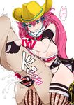  1girl anal areolae blush breasts cowboy_hat cum cum_while_penetrated curvy dildo ejaculation femdom gloves handjob hat hetero huge_breasts kagura_(oneechanbara) large_areolae miyamoto_issa nipple_slip nipple_tweak nipples oneechanbara pegging penis pink_hair plump reach-around sex solo_focus strap-on thighhighs translated twintails western 
