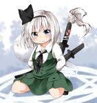  arms_behind_back blue_eyes blush blush_stickers hair_ribbon hitodama konpaku_youmu konpaku_youmu_(ghost) nanana_(chicken_union) ribbon scabbard sheath sheathed short_hair sitting smile solo sword touhou weapon white_hair 