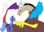  alicorn blue_body blue_hair chimera corruptionsolid crown cutie_mark discord_(mlp) draconaquis draconequus duo equine female feral friendship_is_magic hair hasbro horn horse hybrid imminent_rape long_hair mammal mirapony my_little_pony pegacorn plain_background pony princess_luna_(mlp) tail white_background winged_unicorn wings 