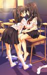  barefoot brown_hair classroom closed_eyes couple desk imminent_kiss indoors leaning_forward long_hair multiple_girls nyoro_(nyoronyoro000) on_desk original ponytail school_desk school_uniform serafuku sitting sitting_on_desk slippers socks socks_removed yuri 