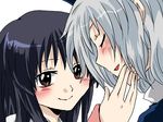  black_hair brown_eyes closed_eyes hand_on_another's_cheek hand_on_another's_face hat houraisan_kaguya multiple_girls open_mouth silver_hair smile touhou unya upper_body yagokoro_eirin yuri 