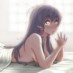 ao_usagi backlighting blanket blush breasts brown_hair cleavage covering face hair_tubes hakurei_reimu hands hands_together long_hair looking_at_viewer lying medium_breasts naked_sheet nude on_stomach own_hands_together sideboob solo steepled_fingers sweatdrop touhou yellow_eyes 