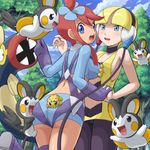  ass blonde_hair blue_eyes blush breasts day eelektrik emolga fuuro_(pokemon) gen_5_pokemon joltik kamitsure_(pokemon) medium_breasts multiple_girls outdoors pantyhose pokemoa pokemon pokemon_(creature) pokemon_(game) pokemon_bw red_hair shorts 