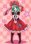  absurdres blush boots bow buttons checkered checkered_background dress frills front_ponytail green_eyes green_hair hair_bow hair_ribbon highres kagiyama_hina knee_boots long_hair open_mouth pigeon-toed ribbon smile solo star touhou wrist_ribbon zi_se 