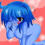  arcanite_magician blue_hair blue_skin blush breasts duel_monster nipples nude red_eyes short_hair wince yu-gi-oh! yugioh 
