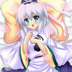  bad_id bad_pixiv_id blue_eyes blush hat japanese_clothes lying mononobe_no_futo on_back pillow ponytail shinekalta silver_hair skirt solo tate_eboshi tears touhou 