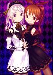 copyright_request detached_sleeves holding_hands interlocked_fingers multiple_girls pantyhose purple_eyes red_eyes red_hair sentou thighhighs white_hair 