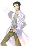  black_hair facial_hair highres labcoat male_focus okabe_rintarou samuraig soda solo steins;gate stubble 