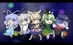  arms_up belt beret blonde_hair blue_dress blue_eyes blue_hair blush_stickers chibi dress earmuffs everyone green_dress green_eyes green_hair hair_ornament hair_rings hair_stick hat hinate japanese_clothes jiangshi jumping kaku_seiga kariginu letterboxed lights miyako_yoshika mononobe_no_futo multiple_girls ofuda open_mouth outstretched_arms shirt skirt smile soga_no_tojiko sword touhou toyosatomimi_no_miko vest weapon yellow_eyes zombie_pose 