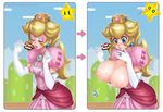  areolae blonde_hair bloocarrot blood blue_eyes blush blush_stickers bow breast_expansion breasts bursting_breasts closed_eyes crown directional_arrow dress elbow_gloves eyeshadow food food_on_face gameplay_mechanics gloves huge_breasts jewelry lips long_hair makeup mario_(series) nipples nosebleed pink_dress princess_peach puffy_sleeves ring solo star starman_(mario) super_mario_bros. super_mushroom surprised watermark web_address |_| 