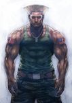  america american_flag baggy_pants belt blonde_hair boyaking camouflage dog_tags guile male_focus muscle pants pectorals realistic solo street_fighter tank_top tattoo 