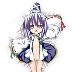  bad_id bad_pixiv_id bed_sheet flat_chest hat highres japanese_clothes kariginu kashipam003 lowleg lying mononobe_no_futo navel on_back open_clothes panties silver_eyes silver_hair solo tate_eboshi touhou underwear white_panties 