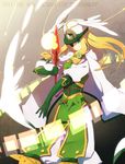  alternate_color blazblue blonde_hair cape gloves green_eyes hat long_hair pants player_2 serious sk_(ryolove) solo sword tsubaki_yayoi weapon wings 