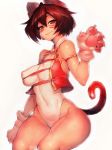  1girl animal_ears bangs boku_no_hero_academia breasts brown_eyes brown_hair closed_mouth covered_navel erect_nipples facepaint fake_animal_ears fake_tail fumio_(rsqkr) gloves impossible_clothes large_breasts leotard looking_at_viewer paw_gloves paws short_hair simple_background smile solo sousaki_shino tail white_background white_leotard 