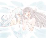  bed bed_sheet blush closed_eyes covering_mouth fujiwara_no_mokou happy kamishirasawa_keine komaku_juushoku lying multiple_girls on_back pillow sketch smile touhou 