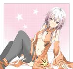  between_legs black_legwear breasts brown_eyes center_opening cleavage detached_sleeves fingerless_gloves gloves guilty_crown hair_ornament hairclip hand_between_legs long_hair medium_breasts miyako_tart navel pink_hair sitting solo star thighhighs underboob white_hair yuzuriha_inori 