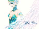  bare_shoulders blue_eyes blue_hair blue_rose_(tiger_&amp;_bunny) breasts character_name cleavage crystal_earrings earrings elbow_gloves gloves hat jewelry karina_lyle lipstick makeup medium_breasts munya short_hair solo superhero tiger_&amp;_bunny wings 