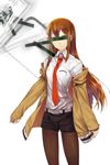  bar_censor brown_hair censored highres identity_censor jacket legwear_under_shorts long_hair makise_kurisu necktie pantyhose red_hair red_neckwear samuraig shorts solo steins;gate 