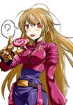  ? alternate_hair_color bad_id bad_pixiv_id belt bodysuit braid brown_hair candy food gloves kula_diamond kyo9999 licking lollipop long_hair red_eyes saliva saliva_trail solo swirl_lollipop the_king_of_fighters thighhighs tongue twin_braids 