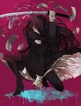  brown_hair clona gloves glowing glowing_eyes hair_over_one_eye hellsing high_heels katana long_hair one_knee paper red_eyes shoes solo sword takagi_yumie thighhighs weapon 