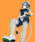  1girl agrs bad_id bad_pixiv_id blue_hair boots breasts cable cable_tail commentary_request covered_navel covered_nipples enkyo_yuuichirou foreshortening from_below glasses gloves green_eyes hands mechanical_tail medium_breasts neon_trim photoshop_(medium) plugsuit red-framed_eyewear shoe_soles short_hair simple_background solo tail thigh_boots thighhighs tomokazu_sugita_no_anigera_deduuun usb 