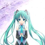 aqua_eyes aqua_hair bare_shoulders cherry_blossoms detached_sleeves hands_clasped hatsune_miku imo_(ryokyou) long_hair looking_at_viewer necktie own_hands_together solo twintails very_long_hair vocaloid 