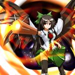  absurdres arm_cannon black_hair black_legwear black_wings blouse bow cape fire hair_bow highres hiro8914 long_hair planet red_eyes reiuji_utsuho skirt socks solo star_(sky) thighhighs third_eye touhou weapon wings 