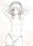 aldehyde armpits arms_behind_head arms_up blue_eyes blush braid breasts collarbone izayoi_sakuya leg_garter looking_at_viewer maid_headdress medium_breasts navel nipples one_eye_closed pale_color panties sketch solo topless touhou twin_braids underwear underwear_only white_hair white_panties 