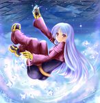  blue_hair bodysuit boots breasts crystal gloves ice kula_diamond long_hair medium_breasts puracotte purple_bodysuit red_eyes shooting_star snowflakes solo the_king_of_fighters thighhighs 