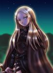  belt blonde_hair boken_fantasy cape claymore claymore_(sword) grey_eyes irene_(claymore) long_hair night pointy_ears shiny shiny_hair solo star_(sky) sword weapon 