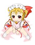  baby bed_sheet blonde_hair blush bow chibi diaper flandre_scarlet hat kokujuuji napkin pacifier ponytail red_eyes ribbon shirt short_hair side_ponytail sitting socks solo touhou wings younger 